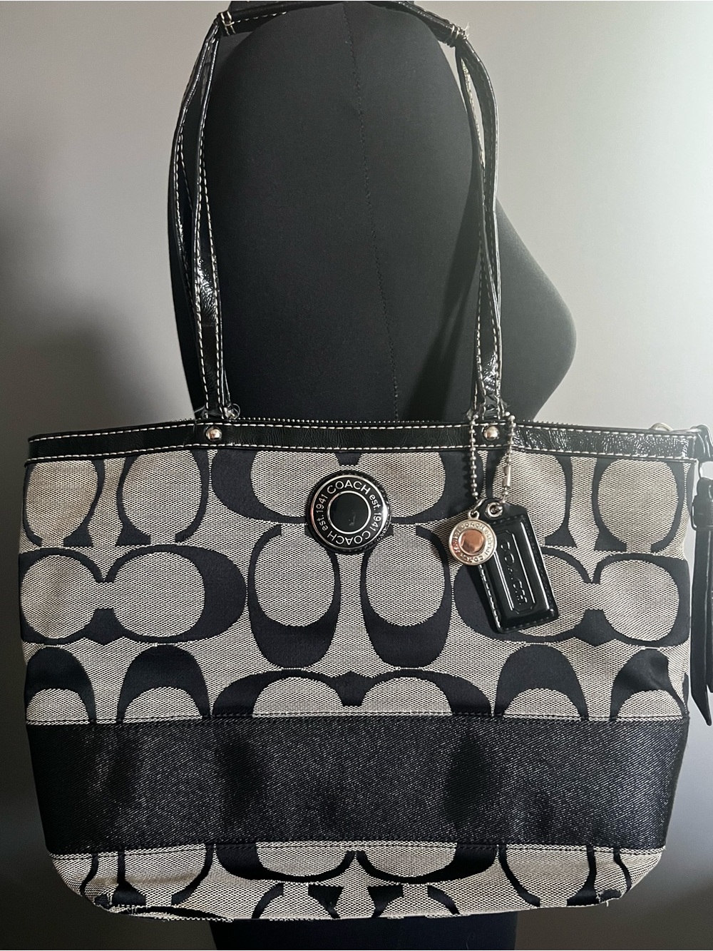 Coach Vintage Signature Stripe Jacquard Tote Bag Black & Grey